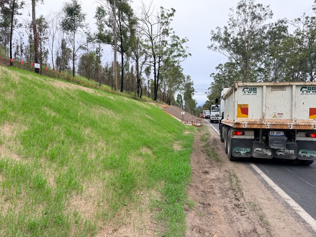 Stabilised road embankment with established green cover